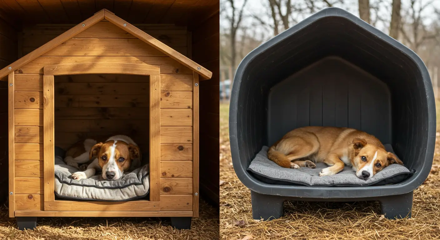 comparacao entre casinha de madeira e plastico cachorro